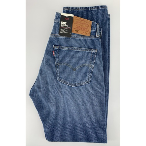 Levis 501 Jeans Mens 32x32 Blue Striped Straight Leg Button Denim Pants NEW